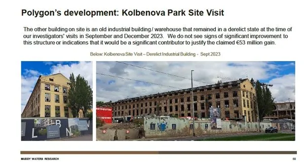 Two photos of a derelict industrial building during a Kolbenova Park site visit. Left: a damaged brick structure with boarded windows; right: a long, fenced ruin with construction barriers.