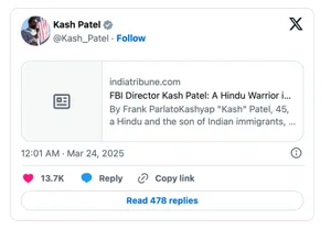 FBI Director Kash Patel reposts Frank Parlato's article, garnering more than 900,000 likes.