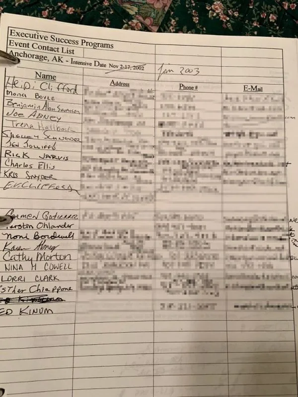 NXIVM class sign-in sheet.