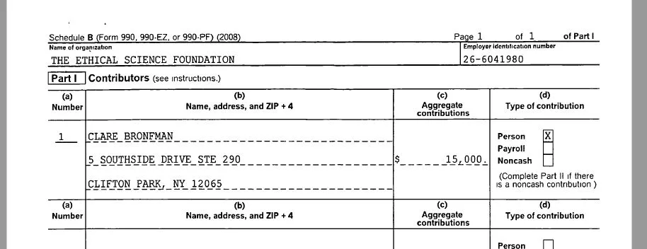 Ethical Science Foundation tax returns; 2008- 2015; Bronfman contributes $750,000 for human experiments