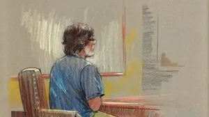 A sketch of Keith Raniere in federal court in Texas. Raniere faces charges of sex trafficking.