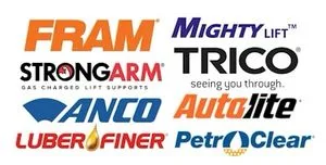 Collage of automotive parts brand logos including Fram, Mighty Lift, Trico, StrongArm, ANCO, AutoLite, Luber-Finer, and PetroClear.