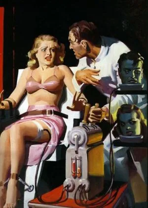 Artist conception [not a real photo]: Dr. Brandon Porter conducts a female human fright experiment where he shows a woman films of rape, and murder of women.  Dr. Porter is also in charge of monitoring the linguistic skills of the children in Rainbow.