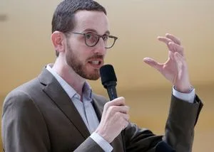 State Sen. Scott Wiener speaks at a demolition ceremony for the Vallco Shopping Mall, Thursday, Oct.11, 2018, in Cupertino, Calif. Wiener's SB 35 bill was used to help usher along a new development for the site. (Karl Mondon/Bay Area News Group)