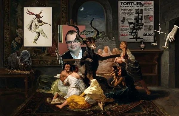 Collage over a classical painting: a horned demon battles figures as a framed portrait of a man and a torture poster hang on the wall.