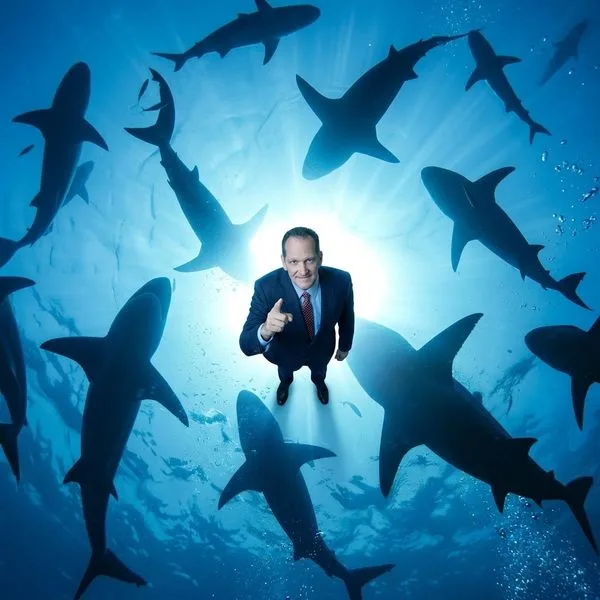 Businessman in a suit underwater, surrounded by sharks, pointing toward the camera.
