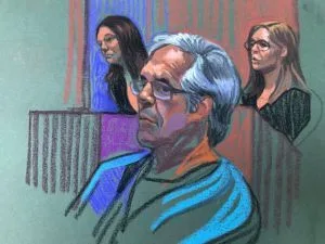 Courtroom sketch showing Jeffrey Epstein at his bail hearing (Artist - Christine Cornell)