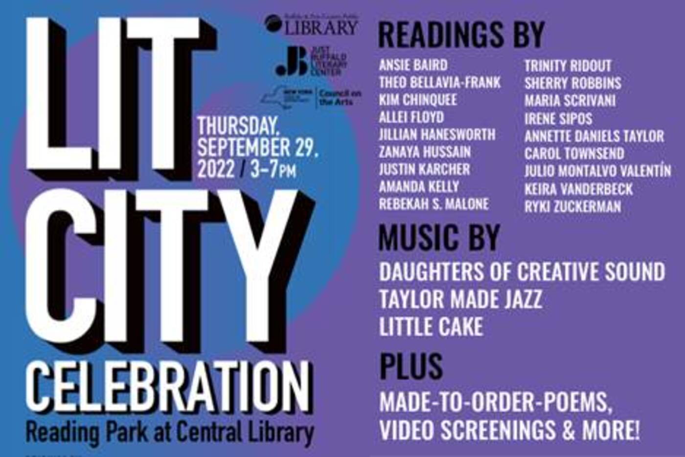 Join Just Buffalo and the Buffalo & Erie County Public Library for a FREE Lit City Celebration! Thursday, September 29 from 3-7 p.m.