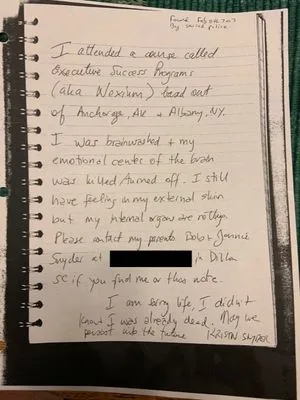 A suicide note found in Kristin Snyder's truck. I