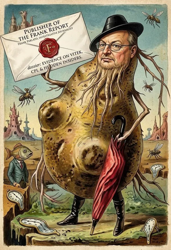 Surreal political cartoon: a potato‑like humanoid in a hat holds a large envelope labeled 'Publisher of the Frank Report'.