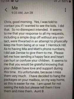 Ambrose Chris refusal Aunt Barbara text after Chris rejects every attempt to contact kids for bday.