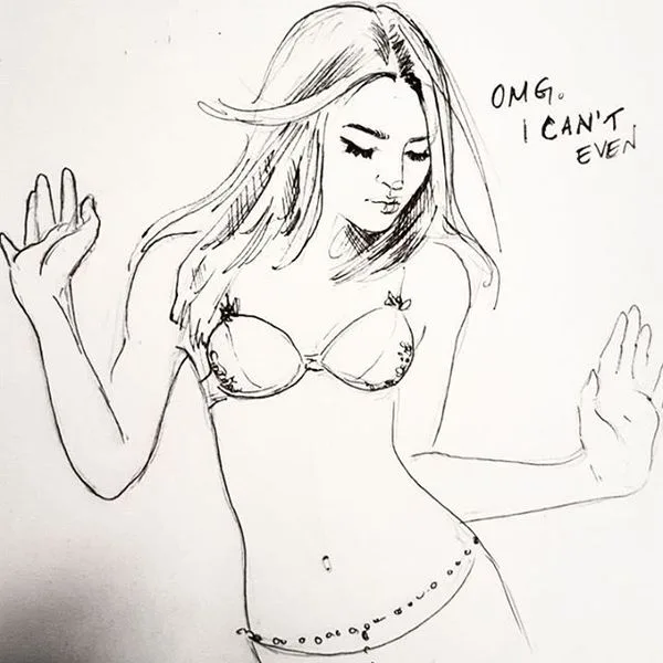From the recent works of Miss Michelle Salzman a reputed member of DOS. The woman in the sketch is wearing the belly chain favored by some of the slaves of Mr. Raniere, including Miss Mack herself.