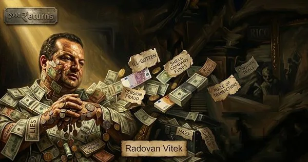 Satirical painting of a man surrounded by money and coins, with tags like "LIES", "PENSION FRAUD", and "ILL-GOTTEN FUNDS" highlighting corruption; signature reads Radovan Vitek and a "good returns" sign appears in the corner.