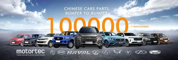 Promotional banner for a car-parts supplier showing a row of Chinese cars and the bold orange number 100000 with 'items available' text beneath; logos along the bottom imply a parts network.