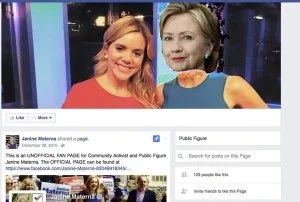 A Facebook post from Luthmann's fake Janine Materna, with a clearly doctored photo of Hillary Clinton.