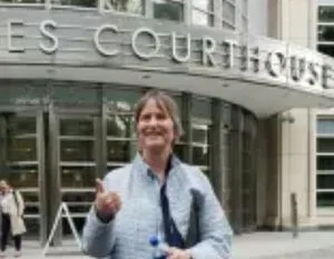 Susan Dones outside the Brooklyn Courthouse, October 27, 2020, right after Keith Alan Raniere was sentenced to 120 years in prison.