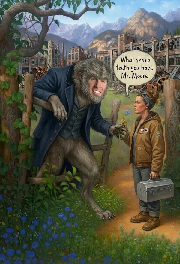 Cartoon werewolf in a blue coat leans through a wooden fence, offering a flower to a woman in a brown UAW jacket; speech bubble reads, 'What sharp teeth you have Mr. Moore' in a ruined town setting.