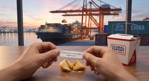 Two hands tearing a note that reads, 'A journey to a new place begins soon,' with a shipping port and cargo cranes in the background.