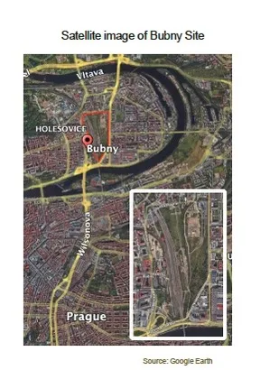 Satellite map view of Bubny site in Prague with a white rectangle highlighting the area; source Google Earth.