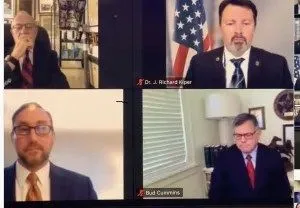Alan Dershowitz appears with Rick Kiper, Joseph Tully, Bud Cummins, Ron Sullivan, and Stacy Eldridge on a Zoom press conference.