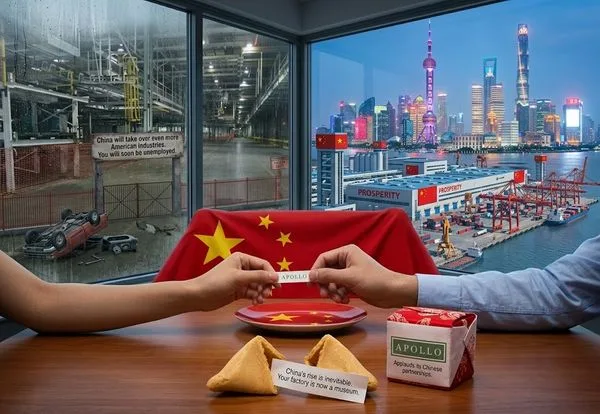 Two hands exchange a small card labeled Apollo, with a Chinese flag-draped plate in the foreground, against a split backdrop of a factory on the left and Shanghai’s skyline on the right.