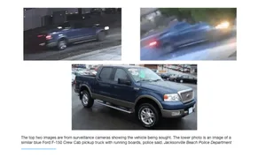 Above: The top two images are from surveillance cameras showing the vehicle used by the murderer. The lower photo is an image of a similar blue Ford F-150 Crew Cab pickup truck with running boards, police said.