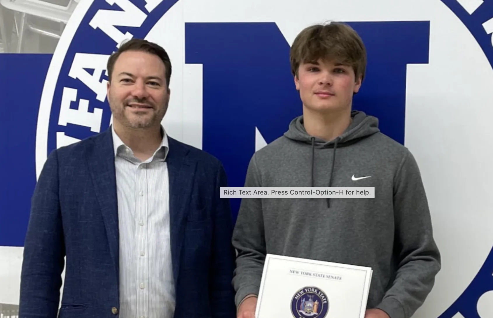 NEW YORK STATE SENATOR ROB ORTT PRESENTS CERTIFICATE TO NEWFANE HIGH SCHOOL STUDENT