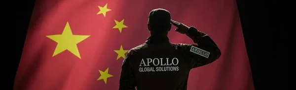Back view of a person in a jacket labeled 'Apollo Global Solutions' saluting in front of a large Chinese flag in red with yellow stars.