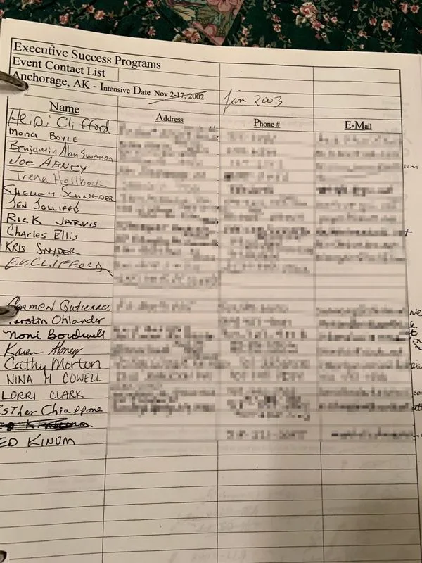 NXIVM class sign-in sheet.