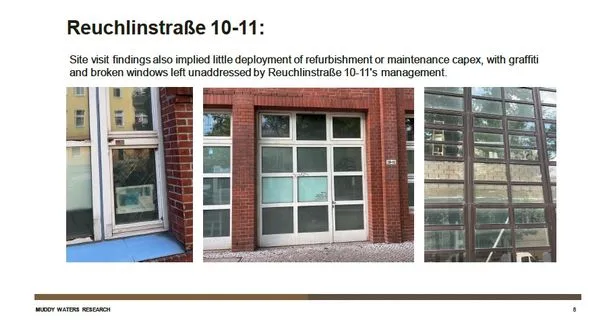 Facade photos of Reuchlstraße 10-11: left shows a blue step and window, center a brick facade with white-framed glass doors, right a grid of glass panels in a metal frame.