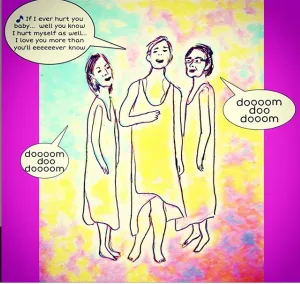 MK10ART's painting of Allison Mack [c] singing with Lauren [l] and Nancy Salzman [r] providing back up vocals.