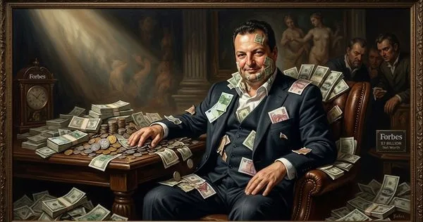A man in a dark suit sits at a wood desk covered in cash, with money stuck to his face and clothes and a Forbes sign in the background, suggesting a billionaire vibe.