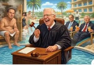 Judge Cleland may be ahead  of his time. Why conduct hearings in a courtroom when the comforts of a nearby hotel will suit everyone but the defendant just fine?