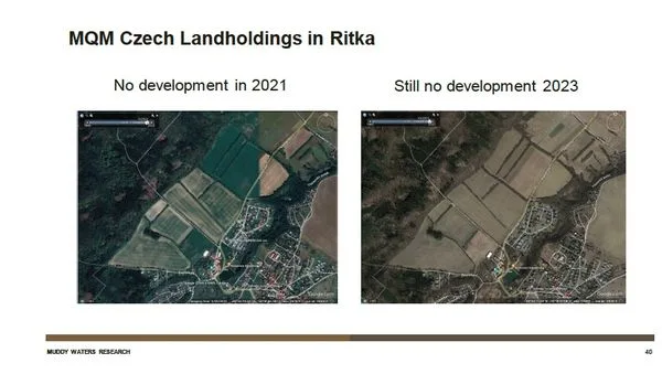 Satellite view of Ritka in 2021 showing no development along farmland and roads (left map) with fields and a small town nearby, under MQM Czech Landholdings captioned page header.