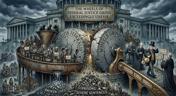 Political cartoon showing two giant grinding wheels labeled with justice themes crushing the courthouse, with people on the left labeled as 'The Accused' and 'The Indigent' and a river of broken lives below. Intended to critique federal justice as unfair and biased toward elites.
