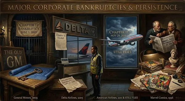 Collage painting titled 'Major Corporate Bankruptcies & Persistence' showing famous bankruptcies (GM, Delta, American Airlines, Marvel Comics) with dates and a worker in a yellow safety vest.