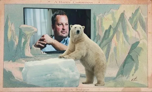 Polar bear standing beside an ice block, with a man visible on a TV screen in a vintage Christmas card scene.