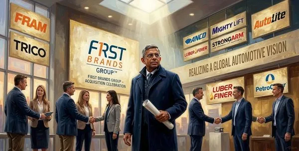 Businesspeople in suits shake hands in a bright showroom, surrounded by brand logos and a banner reading 'Realizing a Global Automotive Vision.'