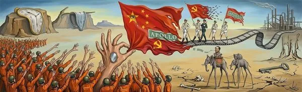 Surreal scene of a cheering crowd in orange jumpsuits reaching for a glowing orb held by a giant hand; Chinese flag and Apollo banners march along a film‑strip track toward a distant oil refinery in a desert landscape, with a melting clock and desert monuments nearby.