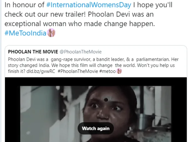 Kristin Kreuk tweeted support of a documentary about Phoolan Devi. What the promoters of the film fail to mention is that Phoolan Devi incited her gang of bandits [yes, she was a thief and robber - mostly of senior citizens and poor women] to murder some two dozen innocent men. Phoolan claimed that these men raped her. However, they never had a chance to stand trial. Based on her word alone, they were murdered by her gang. Yet her word as a brutal robber is hardly proof that they were guilty. It is odd that Kruek is promoting Phoolan Devi as an example for International Women's Day. Summary execution without a trial is taking the "Believe the woman" concept a little too far.