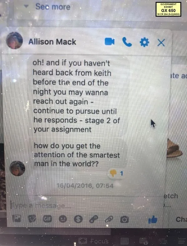 Allison Mack ordered Nicole to make contact with Keith Raniere. Nicole thus began communicating with Raniere and the nature of her communications were not permitted to be introduced as evidence at the trial by the defense. The claim is that the texts and emails would have shown that Nicole was consenting to a sexual relationship with Raniere and that, in fact, she sought him out. The prosecution claimed that her texts and emails and other visible signs of consent were only given because she was under duress because she gave collateral to Mack, and this was an unseen force driving her to make these efforts at seeking out and seducing Raniere.