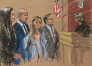 Sketch of Allison Mack being released on bail-- with Sean Buckley beside her