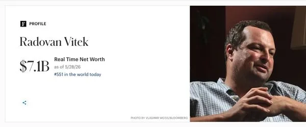 Profile card for Radovan Vitek: real-time net worth $7.1B as of 5/28/26, ranking #551 in the world today, with his portrait on the right.