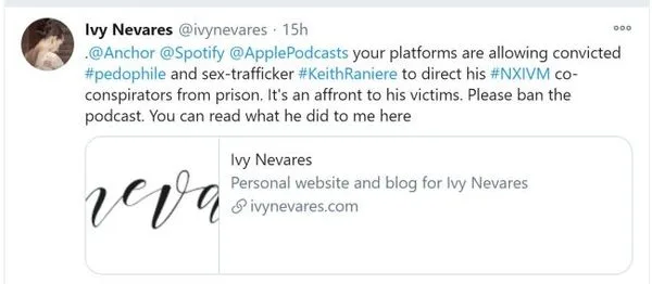 Ivy Nevares, writer and dancer, and member of his harem. Raniere also promised her that she would bear his first-born child.