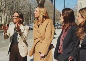 (Left) Jennifer Bonjean, attorney for Nicole Daedone (center). RAchel Cherwitz (right).