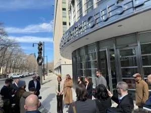 Jennifer Bonjean, counsel for Nicole Daedone, outside the courtroom talking to press.