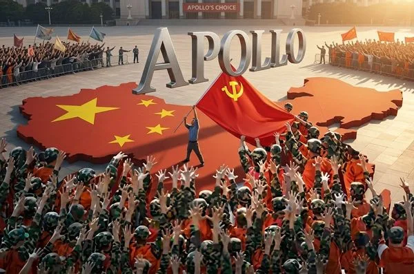 Mass rally of soldiers surrounding a giant red map of China as a man raises a hammer-and-sickle flag beneath towering 'APOLLO' letters.