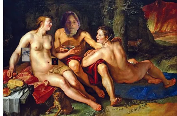 This is a photo shopped reproduction of a painting with Mr. Raniere as a lecherous old father with two 'spiritual' daughters.