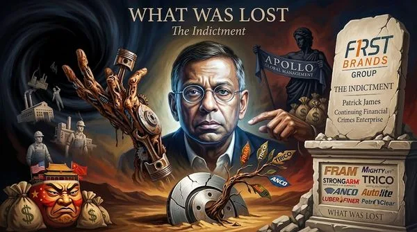 Collage political illustration titled 'What Was Lost: The Indictment' featuring a bespectacled man at center, a damaged mechanical arm, money bags, workers, a cracked pedestal, and a stone monument labeled 'The Indictment' with corporate logos in the background.
