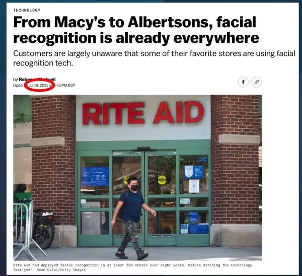 Person wearing a mask exits a Rite Aid store, illustrating the article's topic on facial recognition in retail.